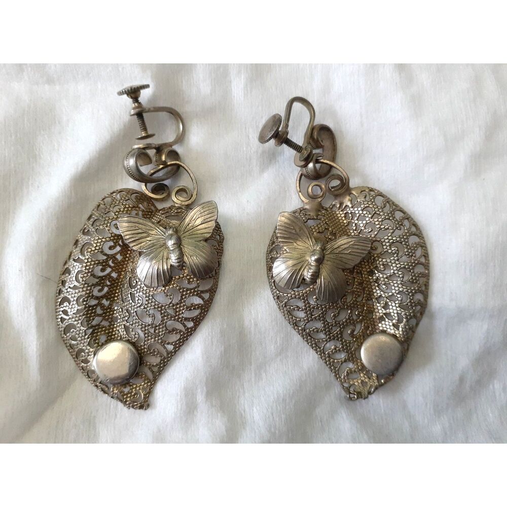 Vintage 60's Large Boho Butterfly Peligree Screw Back Chandelier Drop Earrings